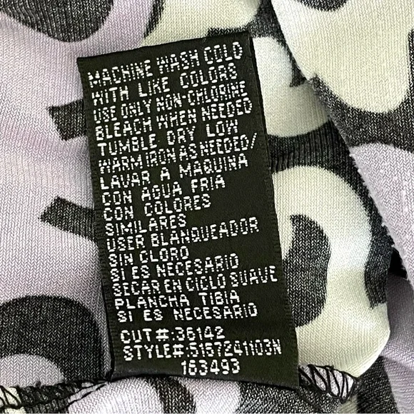 Nicole Miller Size 8 Faux Wrap Dress Scroll Design V Neck Purple Black Stretch - Picture 10 of 10